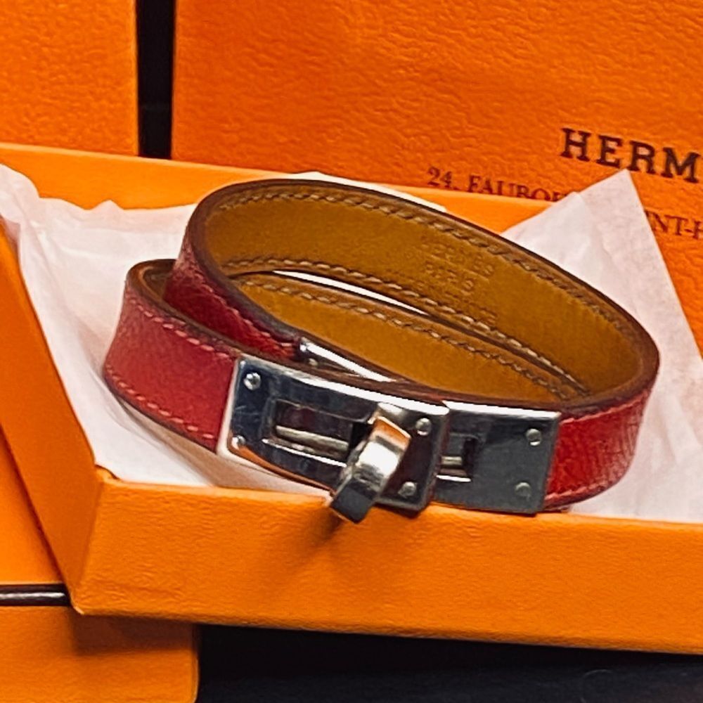 🛍️Hermes Authentic Red Leather Kelly Double Tour Bracelet with Silver Hardware